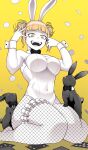  1girl absurdres animal_ears bare_arms bare_shoulders blonde_hair boku_no_hero_academia bow bowtie card covered_navel double_bun fishnet_pantyhose fishnets frilled_straps hair_bun hand_in_own_hair highleg highleg_leotard highres knees_together_feet_apart koyap laughing leotard looking_at_viewer open_mouth pantyhose playboy_bunny playing_card rabbit rabbit_ears simple_background sitting slit_pupils smile solo strapless strapless_leotard thigh_strap toga_himiko wariza wrist_cuffs yellow_background yellow_eyes 