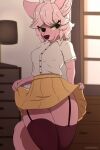 absurd_res anthro antlers artmarshmallow blush bottomwear canid canine clothed clothing clothing_lift deer female fox freckles fur furniture genitals hi_res horn hybrid lamp legwear mammal marshmallow_fluff_(character) open_mouth pink_body pink_fur pussy shirt skirt skirt_lift solo stockings topwear window