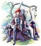  2boys absurdres armor arrow_(projectile) bbing bow_(weapon) brown_cloak brown_eyes chest_armor cloak dagger detached_leggings elf flower forest full_body gloves grass greaves green_cloak grey_hair high_heels highres holding holding_bow_(weapon) holding_polearm holding_weapon knife lamp long_bangs long_hair looking_at_viewer meneldor multiple_boys nature open_mouth partially_fingerless_gloves pointy_ears polearm ponytail quiver red_hair saihate_no_paladin scabbard sheath shirt sitting smile tiara vambraces weapon white_shirt white_tunic william_g_maryblood 