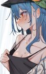  1girl black_camisole blue_hair blush breasts camisole cleavage collarbone highres hinanawi_tenshi looking_ahead medium_breasts profile red_eyes shirt solo spaghetti_strap sweat touhou tsune_(tune) upper_body white_shirt 