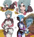  1girl aqua_hair arms_at_sides bad_link blue_hair breasts des_(desvitio) gloves hologram holographic_interface lily_(desvitio) neck nose open_mouth original parted_lips plant science_fiction short_hair tree very_short_hair yellow_eyes 
