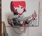  1girl acrylic_paint_(medium) commentary_request grey_shirt hands_up highres long_sleeves momoe_(mme_daigaku) original painting_(medium) parted_lips photo_(medium) pink_eyes red_hair shirt short_hair sideways_glance solo tangle traditional_media upper_body white_background yarn 