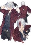  1boy belt bishounen black_gloves blood blood_in_hair blood_on_face blue_eyes brown_belt coat dante_(devil_may_cry) devil_may_cry_(series) fingerless_gloves gloves gougougougou hair_tie highres holding jacket long_hair looking_at_viewer male_focus multiple_boys old old_man pants ponytail red_coat simple_background smile solo standing white_hair 