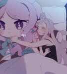  2girls animal_ears bed black_shirt blanket blush breasts camisole character_doll closed_eyes doqute_stuffed_doll ggubii0225 gold_ship_(umamusume) green_shirt grey_hair highres horse_ears indoors long_hair medium_breasts mejiro_mcqueen_(umamusume) multiple_girls parted_lips pillow shirt sleeping twitter_username umamusume under_covers upper_body watermark yuri 