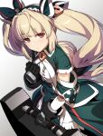  black_gloves blonde_hair blunt_bangs capelet cosmic_break dress feuille_vert gloves hair_ornament holding holding_weapon keyhole lolita_fashion looking_at_viewer red_eyes suitcase tsukinami_kousuke twintails weapon 