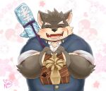  1boy animal_ears animal_nose bara blush brown_fur cherry_blossoms chocolate closed_eyes commentary dog_boy dog_ears english_commentary eyebrow_cut furry furry_male gakuran gift heart holding holding_gift male_focus moritaka_(housamo) naruever open_mouth paw_print pink_background plump scar scar_on_arm scar_on_cheek scar_on_face school_uniform sharp_teeth short_hair signature smile snout solo star_(symbol) teeth thick_eyebrows tokyo_afterschool_summoners two-tone_fur upper_body valentine weapon weapon_on_back 