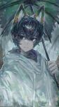  1boy animal_ears black_eyes black_hair closed_mouth coat e.g.o_(project_moon) fox_ears highres holding holding_umbrella hood hood_down hooded_coat limbus_company male_focus nameno92372763 project_moon rain solo umbrella upper_body white_coat white_raincoat yi_sang_(project_moon) 