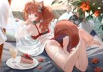  1girl angelina_(arknights) angelina_(summer_flower)_(arknights) animal_ears arknights ass black_collar breasts brown_eyes brown_hair cake cake_slice collar drink drinking_straw flower food fox_ears fox_girl fox_tail hair_ribbon highres infection_monitor_(arknights) long_hair looking_at_viewer lying medium_breasts official_alternate_costume on_stomach one-piece_swimsuit open_mouth petals pillow red_flower red_one-piece_swimsuit red_ribbon rero_(bigdoorbig2) ribbon solo swimsuit tail thigh_strap thighs twintails 