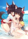  2girls alternate_costume animal_ear_fluff animal_ears anklet azur_lane beach bikini black_hair blue_sky bracelet closed_eyes closed_mouth commentary day english_commentary eyewear_on_head flower fox_ears fox_tail frilled_bikini frills hair_flower hair_ornament hug hug_from_behind jewelry kneeling long_hair looking_at_another manjuu_(azur_lane) mixed-language_commentary mujinbensin multiple_girls mutsu_(azur_lane) nagato_(azur_lane) ocean open_mouth outdoors paid_reward_available red_bikini revision sand short_hair sitting sky smile sunglasses sunlight swimsuit tail water yellow_eyes yokozuwari 