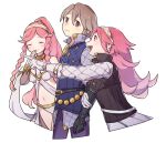  1boy 2girls black_gloves braid brown_eyes closed_eyes closed_mouth commentary_request father_and_daughter fire_emblem fire_emblem_awakening fire_emblem_fates gambeson gloves grey_hair haconeri happy high_ponytail laslow_(fire_emblem) long_hair multiple_girls navel olivia_(fire_emblem) pink_hair short_hair simple_background smile soleil_(fire_emblem) twin_braids white_background 