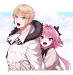  2boys :d alternate_costume astolfo_(fate) black_bow black_bowtie blonde_hair blue_eyes bow bowtie breast_pocket brown_sweater cloud coat fang fate_(series) fur-trimmed_coat fur_trim hair_bow hair_intakes heart highres hug hug_from_behind long_hair looking_at_viewer male_focus multiple_boys not_anpn open_mouth otoko_no_ko pink_hair pocket purple_eyes roland_(fate) short_hair_with_long_locks skin_fang smile sweater upper_body white_coat 