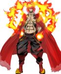  1boy abs black_choker black_pants body_markings cape choker dark-skinned_male dark_skin fiery_hair fire fire_emblem fire_emblem_heroes fur-trimmed_cape fur_trim hair_over_one_eye hands_in_pockets highres looking_at_viewer muscular muscular_male muspell_(fire_emblem) non-web_source official_art orange_hair pants red_cape red_eyes shawl solo tachi-e 