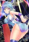  1girl ass audience blue_eyes blue_hair blue_leotard breasts chisel collarbone elbow_pads hair_between_eyes hair_ornament hair_rings hair_stick kaku_seiga knee_pads large_breasts leotard lights lips looking_at_viewer looking_back rope stage_lights touhou touhou_tag_dream wrestling_outfit wrestling_ring y2 