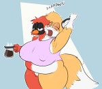 2_heads anthro avian beak beverage bird canid canine chubby_anthro chubby_female clothed clothing coffee dipstick_tail featureless_crotch female fox fur groggy hi_res inner_ear_fluff mammal markings multi_head nipple_outline open_mouth orange_beak orange_body orange_fur pink_nose pink_tongue red_body shirt skewedl0gic slightly_chubby solo standing tail tail_markings tongue topwear tuft white_inner_ear_fluff yawn