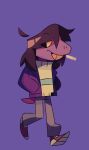 anthro bottomwear brown_hair cigarette cigarette_in_mouth clothed clothing deltarune dewenjoyer digital_media_(artwork) eye_through_hair eyebrow_through_hair eyebrows female footwear fully_clothed grey_bottomwear grey_clothing grey_pants grin hair hands_in_both_pockets jacket long_hair object_in_mouth open_clothing open_jacket open_mouth open_topwear pants pattern_clothing pattern_sweater pattern_topwear purple_background purple_body purple_clothing purple_jacket purple_topwear reptile scalie shoes short_tail simple_background smile snout solo striped_clothing striped_sweater striped_topwear stripes susie_(deltarune) sweater tail teeth three-quarter_view topwear translucent translucent_hair undertale_(series) walking yellow_sclera yellow_teeth