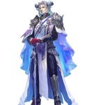  1boy beard black_robe blue_cape cane cape facial_hair fire_emblem fire_emblem_heroes goat_horns grey_hair highres holding holding_cane horns medium_hair njord_(fire_emblem) non-web_source official_art old old_man robe shoulder_pads solo tachi-e yellow_eyes 