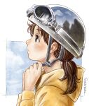  1girl adjusting_clothes adjusting_headwear artist_name brown_eyes brown_hair commentary_request enomoto_yoshitaka from_side goggles goggles_on_headwear helmet hood hoodie looking_up original ponytail profile signature solo sweater yellow_hoodie 
