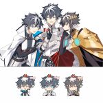  3boys :3 :d ^_^ armor belt black_gloves black_hair breastplate brown_belt cape charlemagne_(fate) chest_belt chibi closed_eyes crossed_arms fate/grand_order fate_(series) gloves highres holding idass_(idass16) knight looking_at_another male_focus multicolored_hair multiple_boys multiple_persona open_mouth pauldrons pointing red_eyes short_hair shoulder_armor simple_background smile streaked_hair sweat thinking u_u upper_body white_background white_cape white_hair 