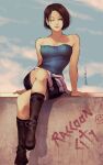  1girl artist_name bare_arms bare_shoulders black_skirt blue_eyes bob_cut boots breasts brown_hair cleavage cloud cloudy_sky collarbone crossed_legs ericson_blum full_body graffiti hand_up highres jill_valentine looking_at_viewer medium_breasts one_eye_closed outdoors resident_evil resident_evil_3:_nemesis shirt short_hair sitting sitting_on_wall skirt sky smirk solo strapless strapless_shirt tied_sweater tube_top 