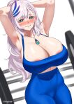  1girl absurdres aqua_eyes areola_slip armpits blush braid breasts cleavage earrings french_braid grey_hair grin hair_ornament highres hololive hololive_indonesia huge_breasts jewelry long_hair looking_at_viewer necklace neige_(pixiv6850453) pants pavolia_reine ponytail presenting_armpit smile solo steam sweat virtual_youtuber yoga_pants 