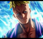  1boy artist_name blonde_hair blue_eyes closed_mouth cloud cloudy_sky collarbone commentary english_commentary facial_hair highres mad-ak male_focus marco_(one_piece) mohawk one_piece outdoors short_hair sky solo 