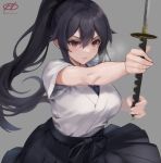  1girl black_hair breasts hakama hakama_skirt haruto_(harut_n) holding japanese_clothes kantai_collection katana large_breasts long_hair ponytail red_eyes skirt solo sword weapon yahagi_(kancolle) 