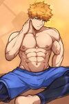  1boy abs absurdres bangs bara blue_lock blue_shorts bulge closed_mouth hand_on_own_neck highres kunigami_rensuke kuroshinki large_pectorals leggings male_focus muscular muscular_male navel nipples orange_eyes orange_hair pectorals short_hair shorts solo topless_male 