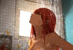  1girl chainsaw_man closed_eyes commentary highres indoors jar jif_(brand) khyle. long_hair makima_(chainsaw_man) nude paw_print peanut_butter red_hair showering solo upper_body window 