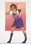  anthro bottomwear bow_tie breasts brown_body brown_fur brown_hair cervid clothed clothing female footwear fully_clothed fur hair hi_res mammal open_mouth pwnagespartan reiko_(pwnagespartan) school_uniform shoes skirt smile socks solo standing uniform 