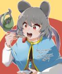  1girl animal_ears bangs basket blue_capelet blush capelet chopsticks commentary_request crystal dress eating food fuuchisou grey_dress grey_hair highres holding holding_chopsticks jewelry long_sleeves mouse mouse_ears mouse_girl mouse_tail nazrin open_mouth pendant red_eyes shirt short_hair signature smile solo sushi tail touhou upper_body white_shirt 