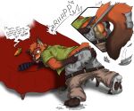 2018 anthro backsack balls bed canid canine carrot_pen clothing disney english_text expansion fox furniture gasp genitals growth kitsunedark male mammal mind_break nick_wilde red_fox solo tail tail_expansion tail_growth tail_tenting text torn_clothing transformation zootopia