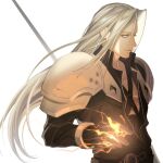  1boy aqua_eyes armor bangle belt belt_buckle black_belt black_coat black_gloves bracelet buckle chest_strap closed_mouth coat final_fantasy final_fantasy_vii final_fantasy_vii_rebirth fire gloves grey_hair jewelry light_smile long_bangs long_coat long_hair long_sleeves looking_at_viewer male_focus parted_bangs sephiroth shoulder_armor slit_pupils solo straight_hair upper_body vy7437 white_background 