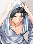  1boy black_hair collarbone dao_(daao_bf) drying drying_hair green_eyes lips looking_at_viewer love_and_deepspace male_focus out_of_frame parted_lips protagonist_(love_and_deepspace) shirt short_hair solo_focus towel towel_on_head wet wet_hair white_shirt zayne_(love_and_deepspace) 