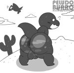 anthro avian balls big_butt bird black_and_white blush bodily_fluids butt cactus cloud dinosaur dinosaur_(google_chrome) genitals google google_chrome looking_at_viewer male monochrome open_mouth peludoburro plant raised_tail reptile scalie solo standing surprised_expression sweat sweaty_balls sweaty_butt sweaty_genitalia tail thick_thighs wings