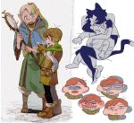  29_kyuu 2girls animal_ears armor black_hair blue_robe cat_ears cat_tail chilchuck_tims closed_eyes dungeon_meshi elf green_scarf halfling highres izutsumi leather_armor marcille_donato multiple_boys multiple_girls neck_warmer pointy_ears robe scarf short_hair tail 