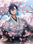  1boy :d asa_no_ha_(pattern) black_jacket black_sash blue_eyes blue_hair blurry cherry_blossoms dappled_sunlight dark_blue_hair day depth_of_field earrings flower grey_kimono hair_between_eyes hair_flower hair_ornament haori highres jacket japanese_clothes jewelry kimono light_particles looking_at_viewer male_focus multicolored_hair nijisanji nijisanji_en odayakao off_shoulder outstretched_hand pink_flower sash short_hair smile solo stud_earrings sunlight teeth tree two-tone_hair upper_body upper_teeth virtual_youtuber yugo_asuma 