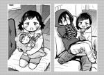  1boy 1girl @_@ age_progression baby blush boku_no_kokoro_no_yabai_yatsu brother_and_sister carrying comparison couch covering_face embarrassed fang greyscale hands_on_own_face holding_baby hood hood_up hoodie ichikawa_kana ichikawa_kyoutarou indoors looking_at_viewer monochrome official_art princess_carry sakurai_norio shirt short_hair short_twintails siblings skin_fang smile striped_clothes striped_shirt twintails 