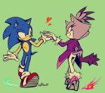  1boy 1girl animal_ears auroblaze blaze_the_cat blue_fur cat_ears cat_girl cat_tail fire forehead_jewel fur-trimmed_gloves fur_trim furry furry_female furry_male gloves green_background green_eyes heart high_heels ponytail purple_fur smile sonic_(series) sonic_rush sonic_the_hedgehog tail white_gloves yellow_eyes 