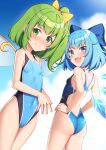 2girls absurdres ass bare_arms bare_legs bare_shoulders blue_bow blue_eyes blue_hair blue_one-piece_swimsuit blush bow breasts cirno closed_mouth collarbone competition_swimsuit covered_navel daiyousei detached_wings fairy fairy_wings fang green_eyes green_hair hair_bow highres ice ice_wings kouzuki_tsubasa_(musou_kaidou) long_hair looking_at_viewer multiple_girls one-piece_swimsuit open_mouth second-party_source short_hair side_ponytail skin_fang small_breasts smile swimsuit touhou wings 