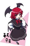  1girl :p bat_wings blush_stickers bow from_above hand_on_hip hand_up head_wings itani_illust koakuma nail_polish red_eyes red_hair red_nails shoes solo tongue tongue_out touhou wings 