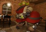 3d_(artwork) blender_(disambiguation) blender_(software) blizzard_entertainment breasts cleavage clothed clothing digital_media_(artwork) diner dinner dress hi_res horn koofey lamp machine omnic orisa overwatch rear_view restaurant robot taur wearing_dress