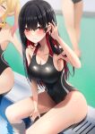  3girls absurdres amane_sora arm_support between_legs black_hair black_one-piece_swimsuit blonde_hair blurry blurry_background blush breasts cleavage closed_mouth colored_inner_hair commentary_request competition_swimsuit covered_navel drain_(object) hair_between_eyes hair_tucking hand_between_legs heart heart-shaped_pupils highleg highleg_swimsuit highres large_breasts long_hair looking_at_viewer mole mole_under_mouth multicolored_hair multiple_girls one-piece_swimsuit original outdoors pink_hair poolside red_eyes red_hair sitting soaking_feet solo_focus swimsuit symbol-shaped_pupils two-tone_hair very_long_hair water wet wet_clothes wet_swimsuit 