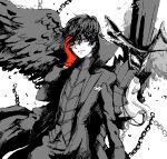  1boy bad_drawr_id bad_id black_coat black_wings chain character_request closed_mouth coat copyright_request gloves greyscale hand_on_own_cheek hand_on_own_face hand_up light_smile long_sleeves looking_at_viewer male_focus monochrome monster oekaki one_eye_covered persona red_gloves short_hair single_glove single_wing solo spot_color standing upper_body white_background wings yuu_(drawr) 