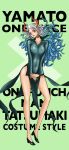  1girl bare_legs breasts character_name copyright_name cosplay dress floating_hair green_background green_dress head_tilt high_collar highres hip_vent horns large_breasts long_hair looking_at_viewer multicolored_hair one-punch_man one_piece open_mouth orange_eyes red_horns tatsumaki tatsumaki_(cosplay) thighs v_arms yamato_(one_piece) zuberubar 