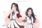  2girls dress flora_shafiq hair_ribbon highres holding holding_microphone idol idol_clothes indonesian_commentary jkt48 light_smile long_hair looking_at_viewer microphone multiple_girls ponytail red_ribbon ribbon rikywees shani_indira_natio simple_background skirt white_dress 