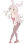  1girl 7ben9i ahoge animal_ears ass blush breasts brown_eyes colored_inner_hair fake_animal_ears fake_tail from_behind full_body genderswap genderswap_(mtf) grey_hair hair_between_eyes hand_on_own_ass high_heels highres leotard long_hair looking_at_viewer multicolored_hair onii-chan_wa_oshimai! oyama_mahiro pantyhose pink_hair playboy_bunny rabbit_ears rabbit_tail red_footwear red_leotard side-tie_leotard simple_background small_breasts solo standing strapless strapless_leotard sweatdrop tail wavy_mouth white_background wrist_cuffs 