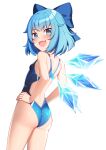  1girl ass bare_arms bare_legs bare_shoulders blue_bow blue_eyes blue_hair blue_one-piece_swimsuit blush bow breasts cirno competition_swimsuit cowboy_shot detached_wings fairy fang hair_bow ice ice_wings kouzuki_tsubasa_(musou_kaidou) looking_at_viewer one-piece_swimsuit open_mouth second-party_source short_hair skin_fang small_breasts smile solo swimsuit touhou transparent_background wings 