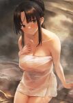  1girl arm_support black_hair breasts brown_eyes cleavage closed_mouth commentary_request hand_on_own_chest high_ponytail highres kantai_collection large_breasts light_blush long_hair looking_at_viewer naked_towel nisshin_(kancolle) sitting smile solo toka_(marchlizard) towel very_long_hair wet 