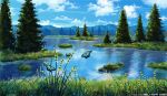  aki_(f1zakurod) blue_butterfly blue_sky bug butterfly cloud cloudy_sky copyright_notice flower grass lake mountainous_horizon nature niberungen_senki no_humans official_art outdoors pine_tree scenery sky tree yellow_flower 