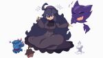  1girl @_@ afuron ahoge alternate_breast_size bangs black_hair blush breasts closed_mouth cloth commentary_request curly_hair dress grey_eyes hair_between_eyes hairband hand_up haunter headpat hex_maniac_(pokemon) large_breasts long_hair looking_at_viewer misdreavus pokemon pokemon_(creature) pokemon_(game) pokemon_xy pumpkaboo purple_hairband 